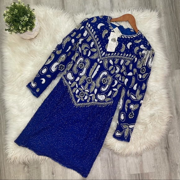 Vintage Dresses & Skirts - Vintage 80s Silk Beaded Blue Flapper Dress